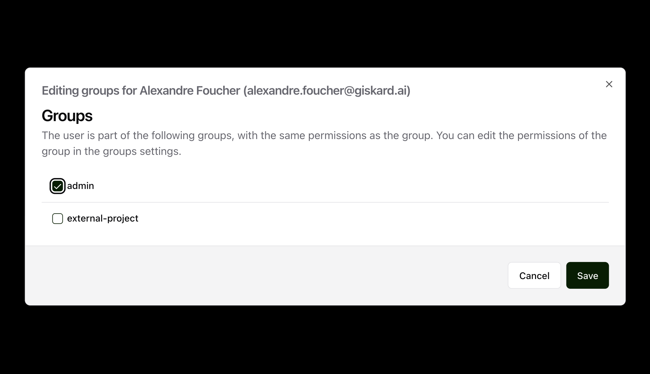 Group assignment dialog for adding a user to a group