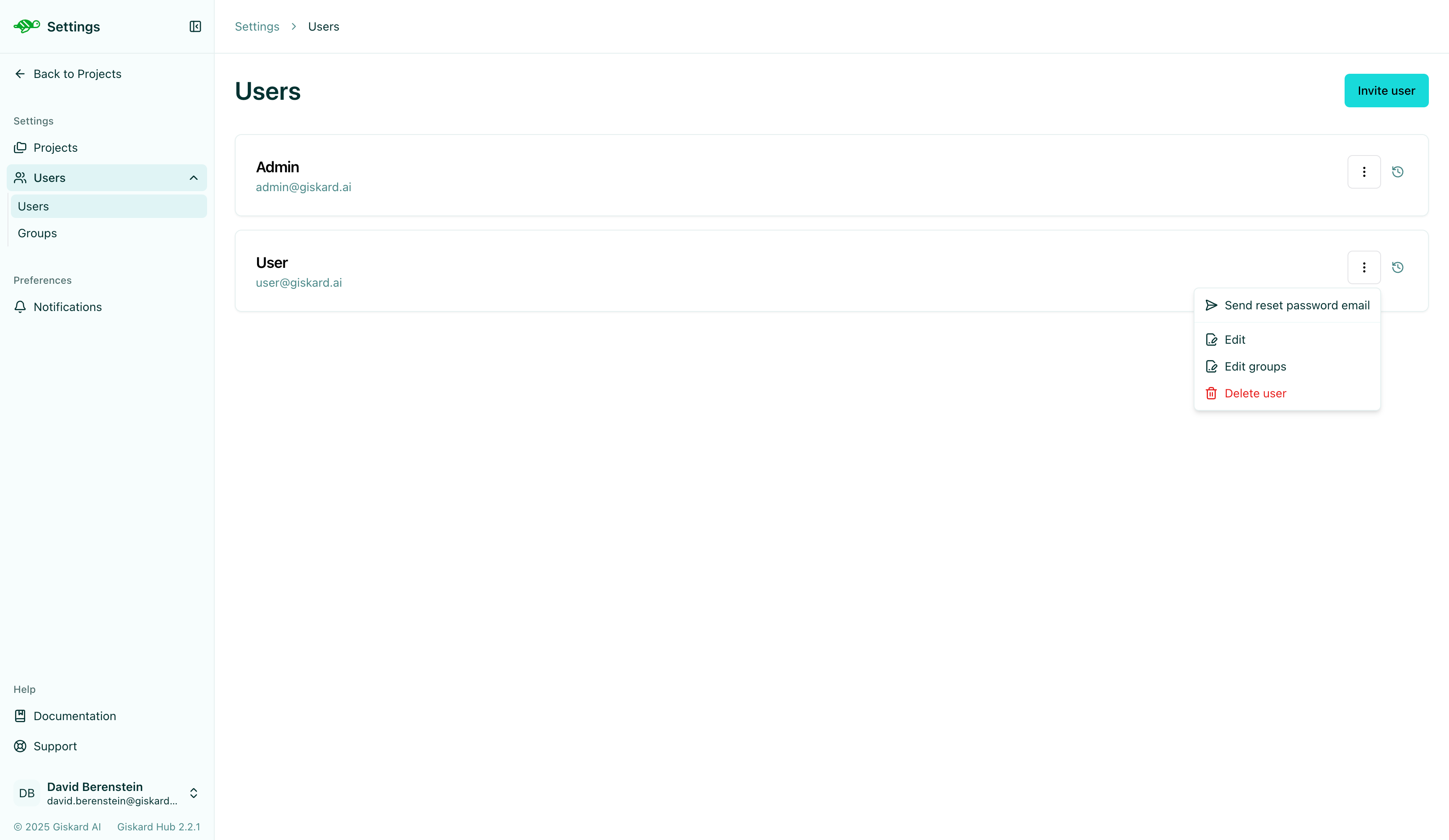 User list with edit group option in context menu