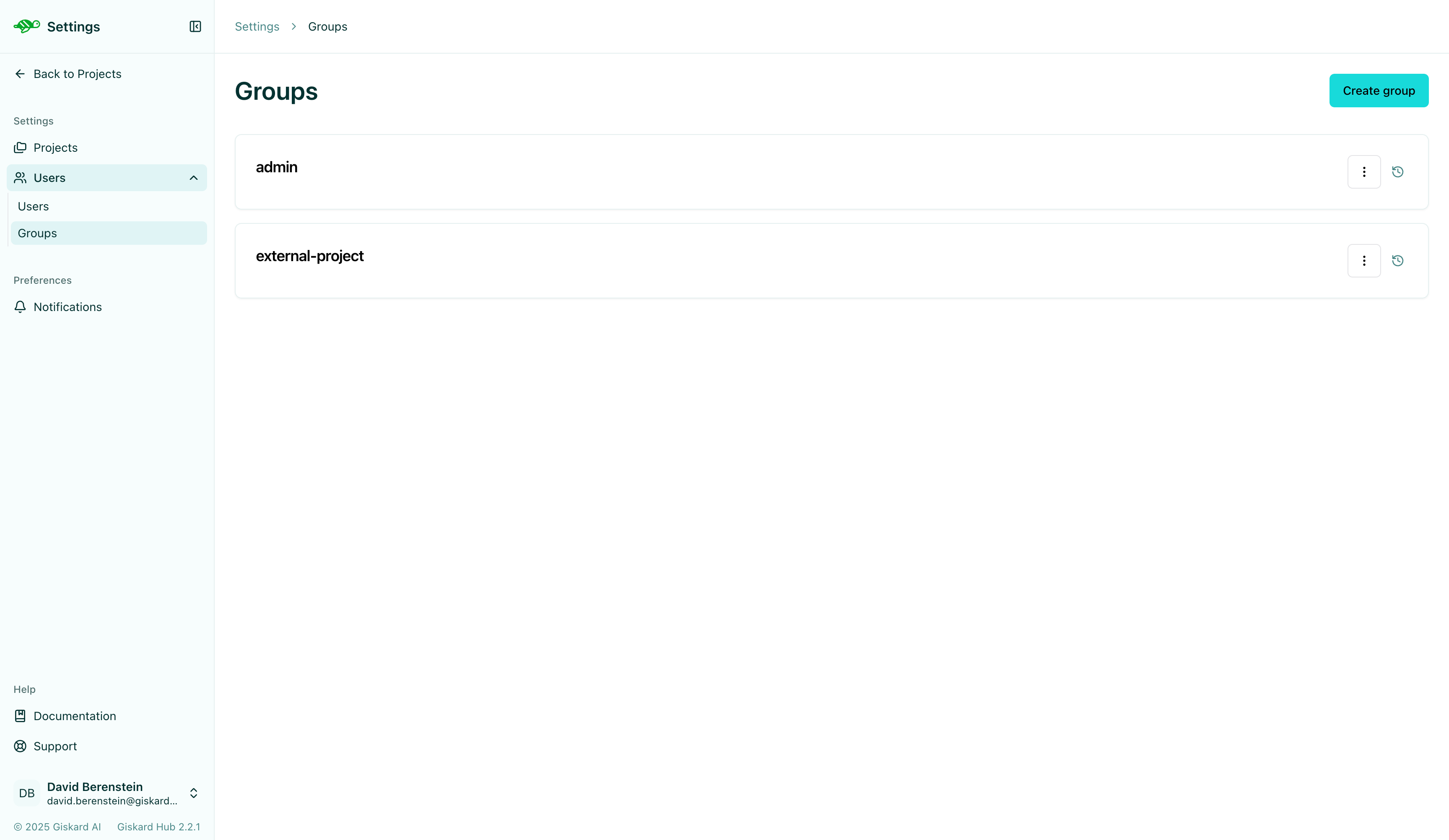 Group management page for creating and editing groups