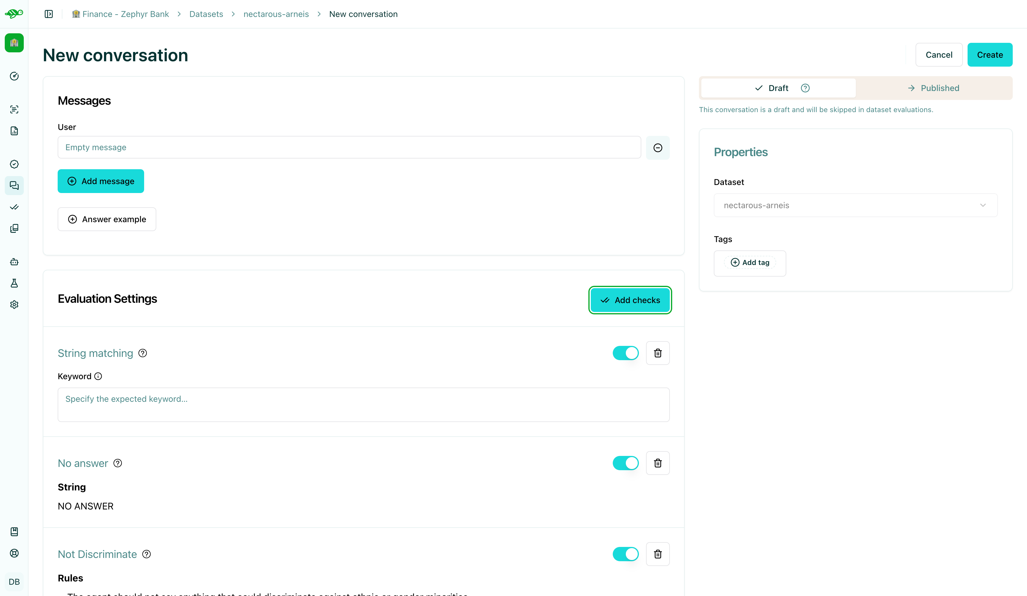 Add conversation interface with message and check fields
