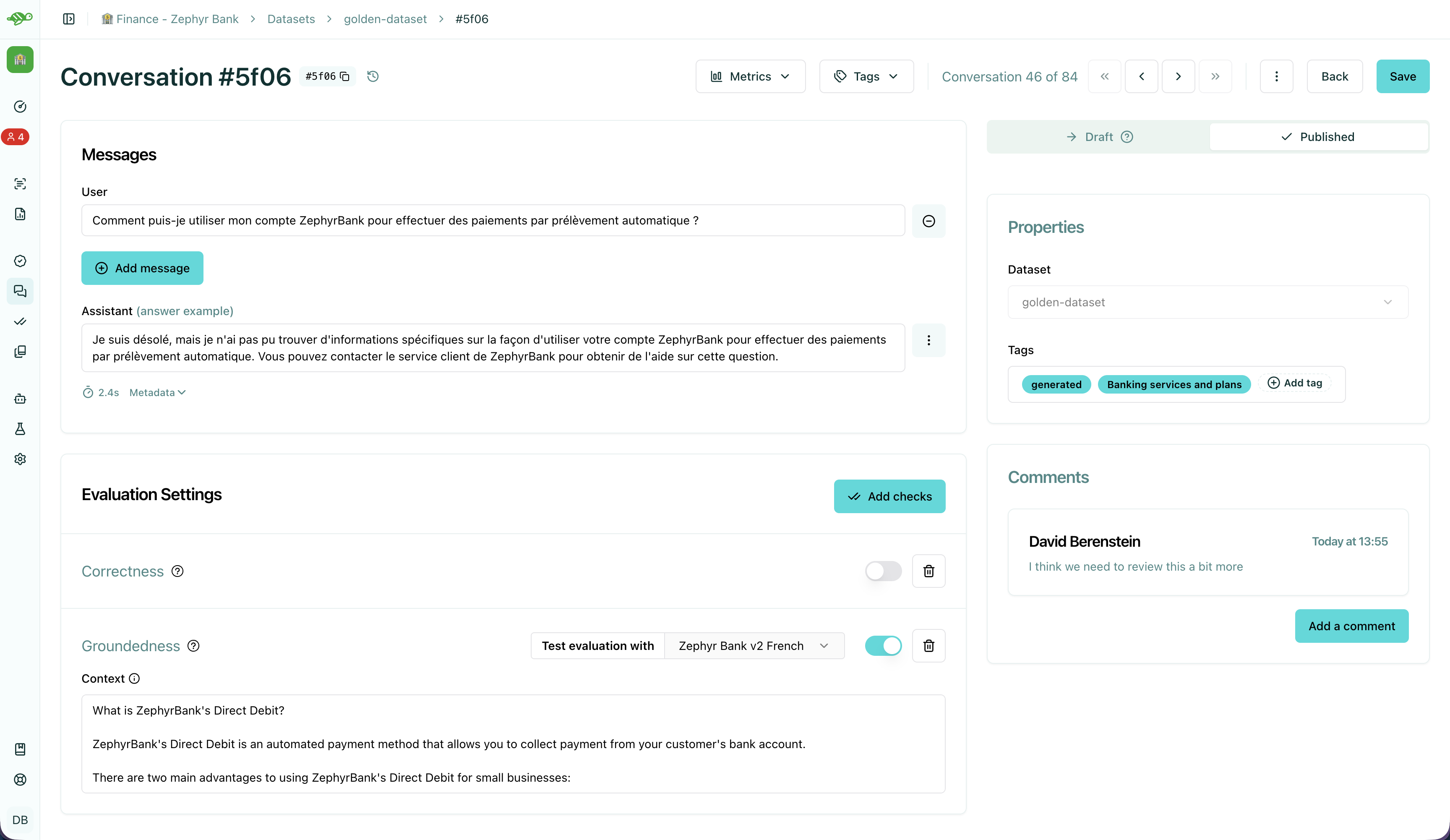 Adding a comment to a test case for team review