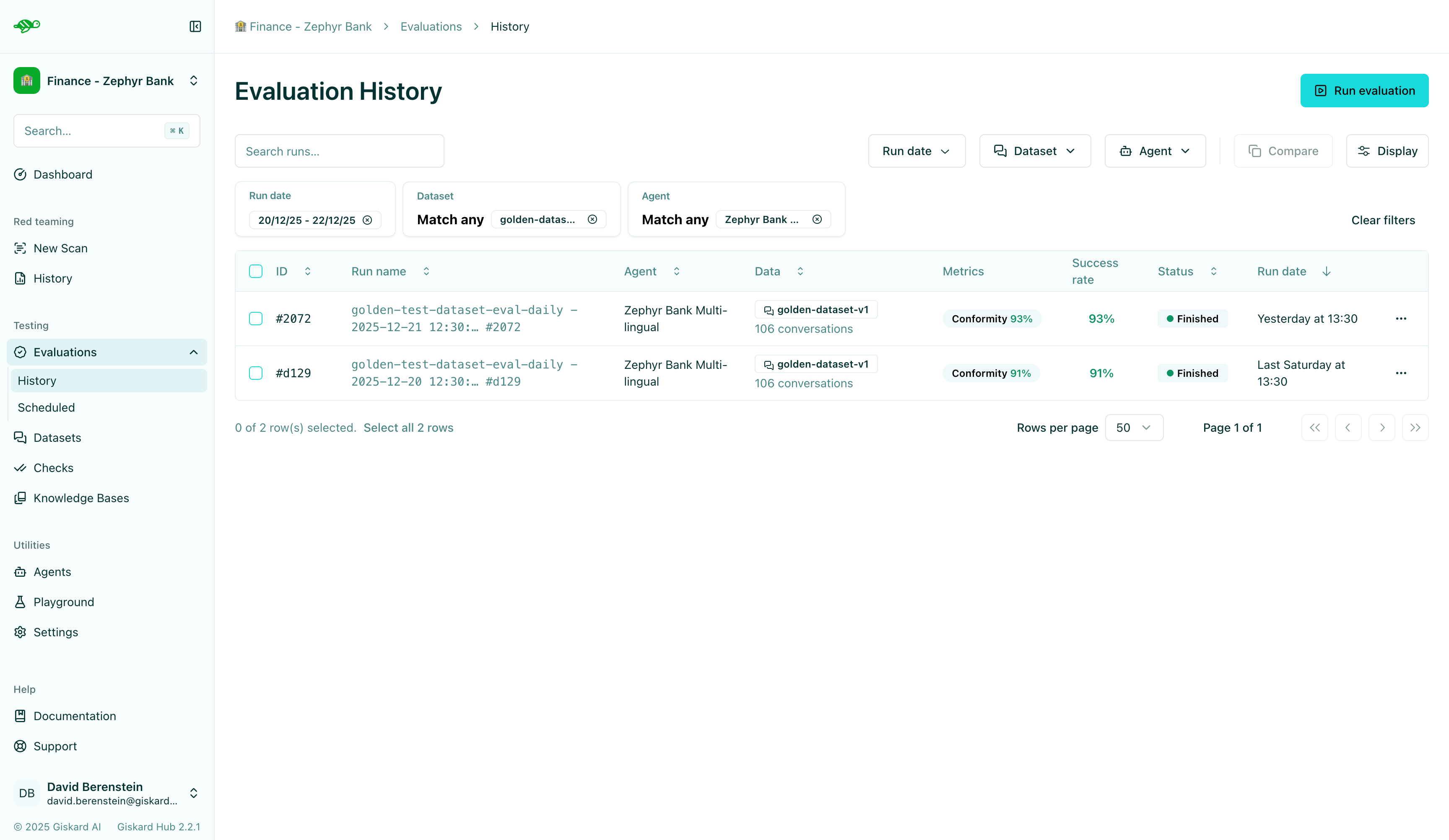 Evaluation runs list with run evaluation button