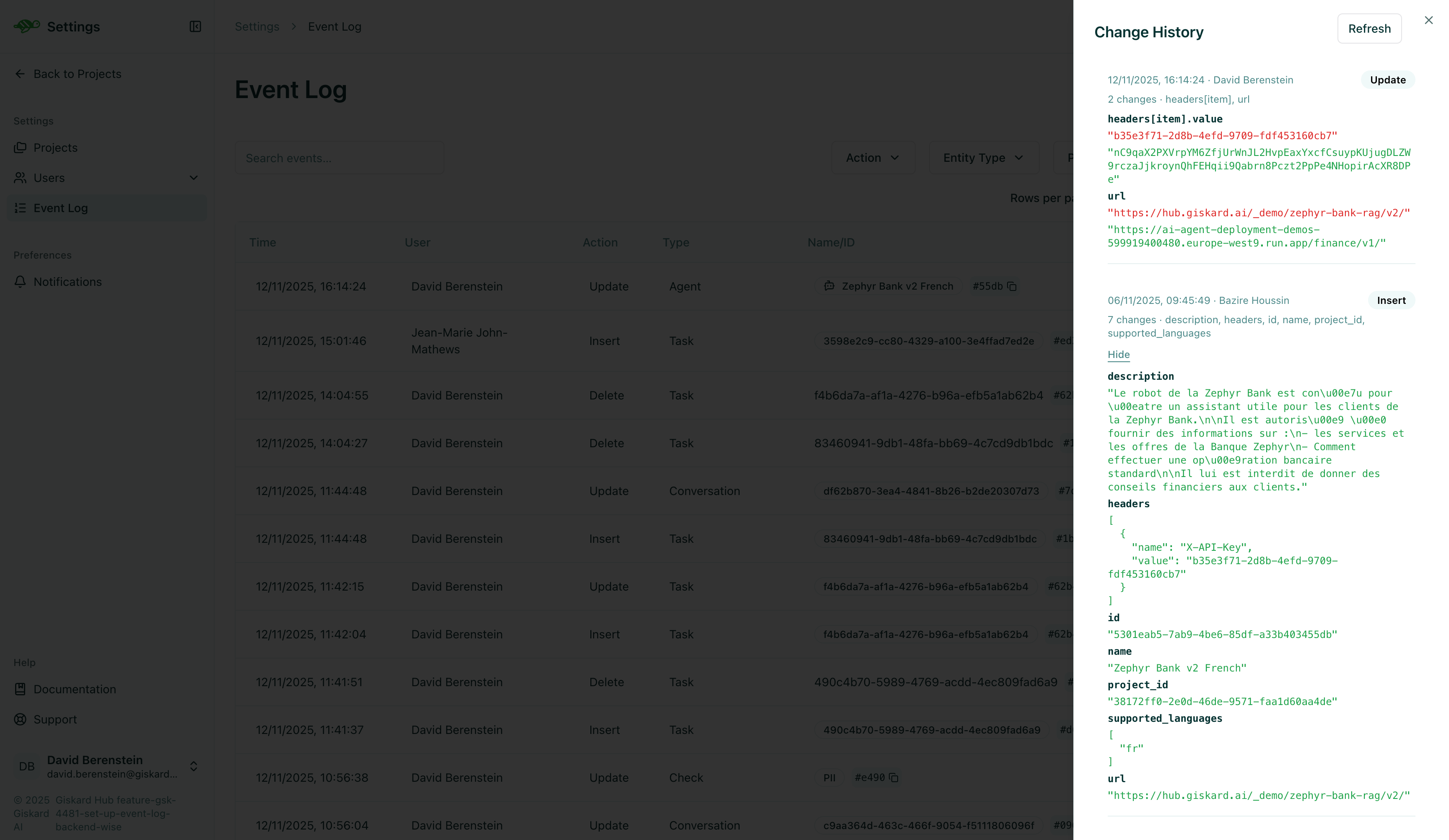Event history detail view with change timeline