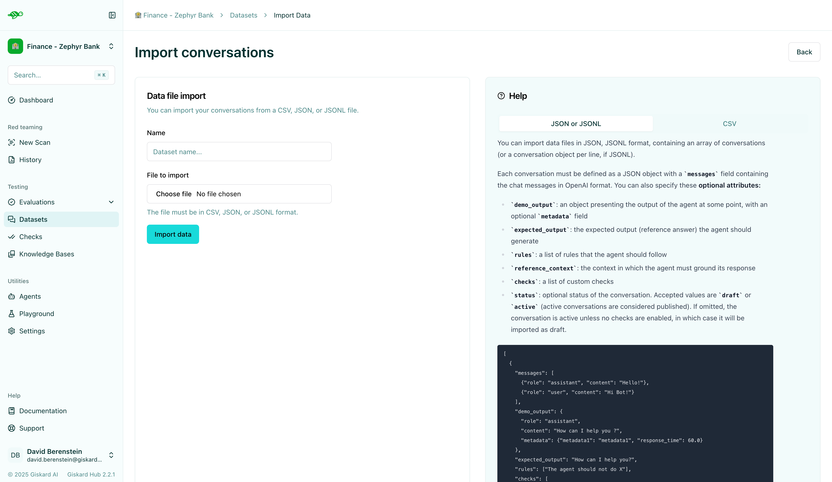 Conversation import interface for JSON test data