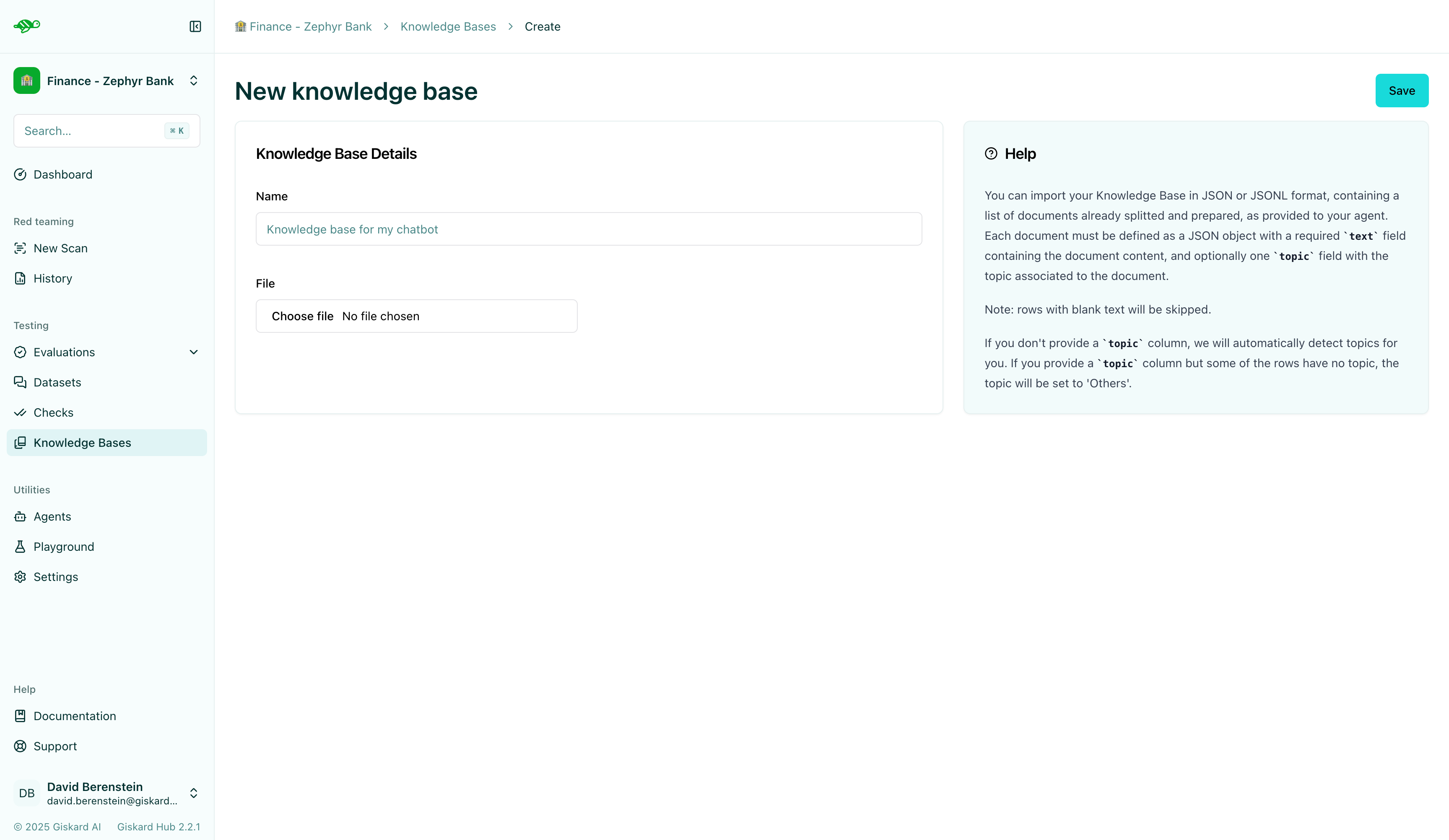 Knowledge base import form with name and file upload fields