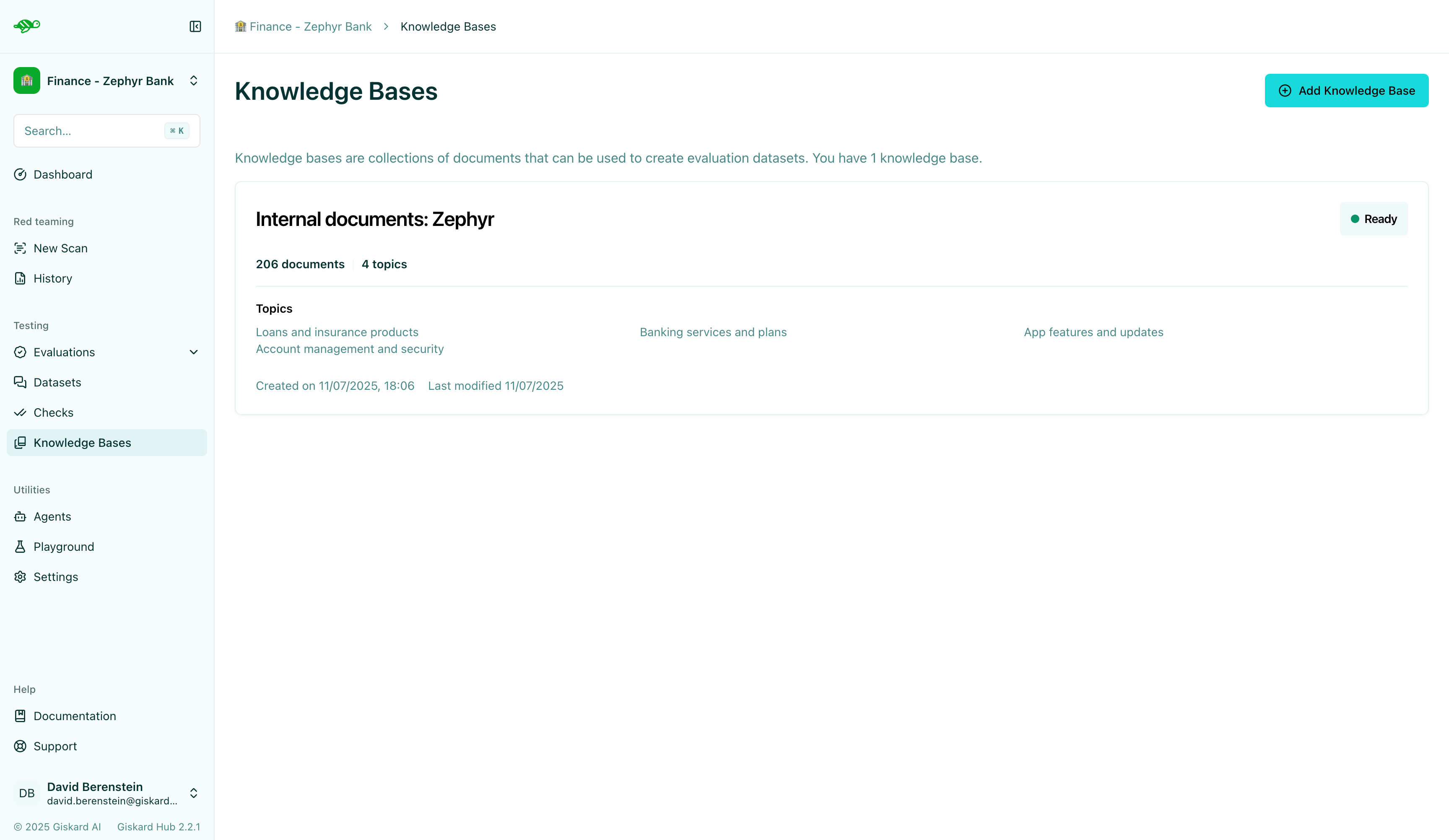 Knowledge base list with add knowledge base button