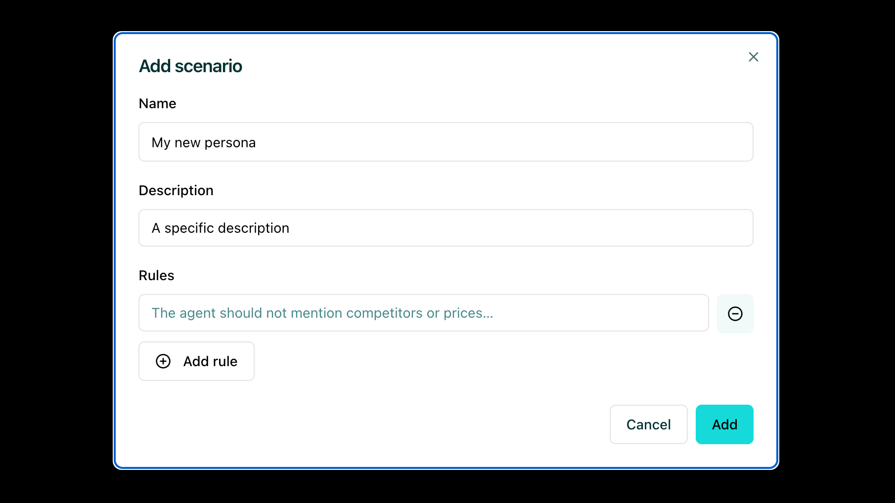 Persona configuration form with name, description, and rules