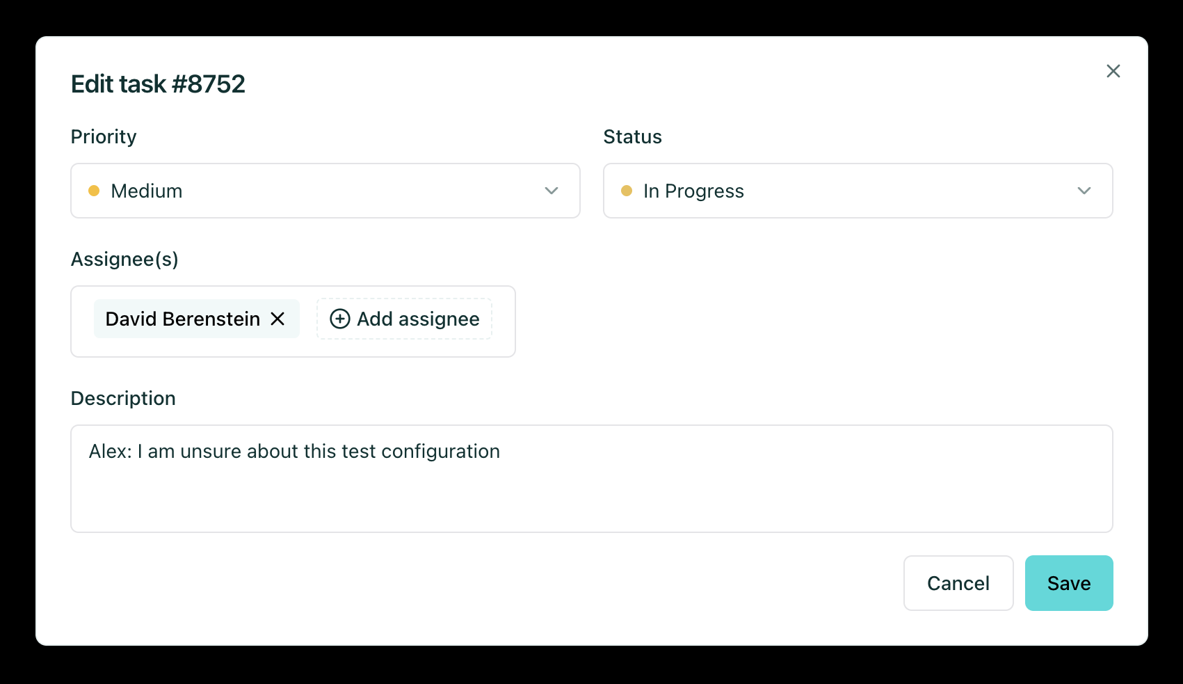 Task editing interface with assignee, status, and priority fields